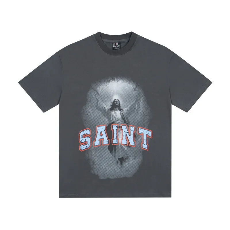 100💰 S08#美Chao SAINT white ink direct-injection pure cotton 260g loose short-sleeved T-shirt 11 dark gray S-XL